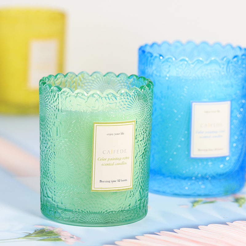 Private label lace edge embossed scented jar candl...